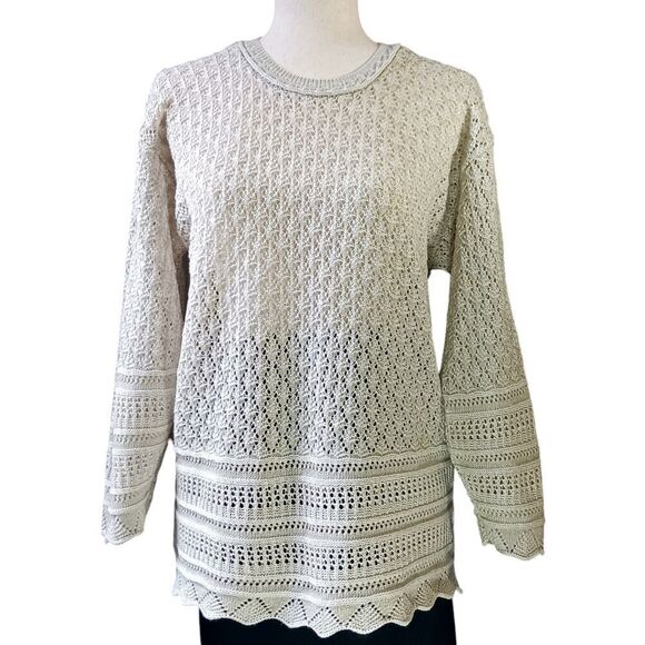 Vintage Sweaters - VINTAGE Pointelle Open Knit Sweater Scalloped Cottagecore Cotton Ivory Size L